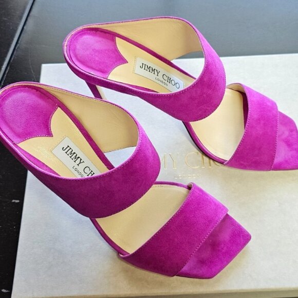 Jimmy Choo Shoes - Jimmy Choo Hira Mule Sandals Magenta Suede Square Toe Stiletto Heels